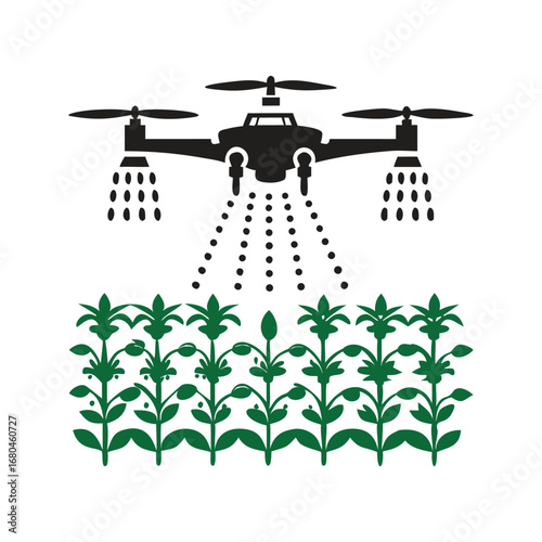 Agricultural Drone Spraying Crops with Green Plants Below agriculture farming with Vector Design