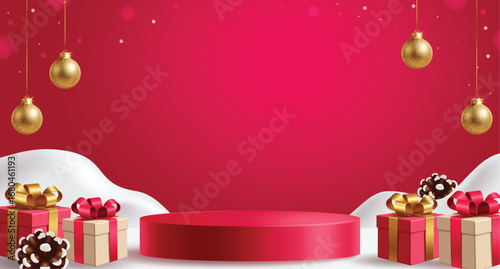 Christmas red podium clipart banner template. Christmas platform stage clip art for Christmas sale special offer in empty space red background template with paper cut, gift boxes, hanging bauble balls