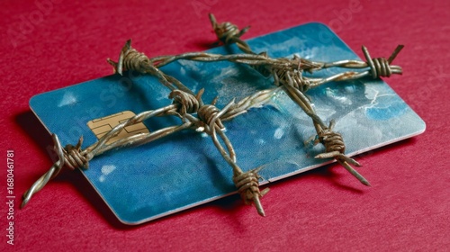 Close-up of a blue credit card wrapped in rusty barbed wire on a red surface, symbolizing financial restrictions, debt, or security issues.