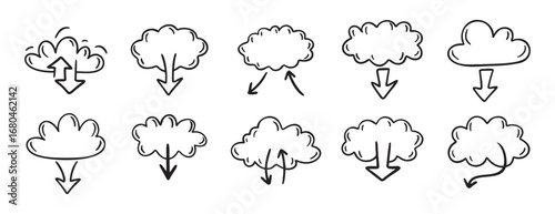 data server cloud with arrow for internet database, digital storage doodle hand drawn icon set. Outline drawing data server cloud line clipart symbol collection