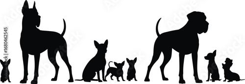 Great Dane, Boxer, and Chihuahua Dog Silhouettes – Breed Size Comparison Vector Clipart for Pet Illustrations and Educational Use