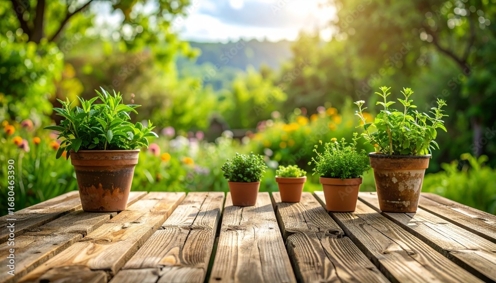 Fototapeta premium Blossoming flowers and potted plants decorate a spring garden with a wooden bench