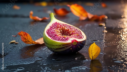 A halved fig with exposed pink and red flesh lies on the wet street, glistening under soft light. Fig fruit thrown into the ground.
