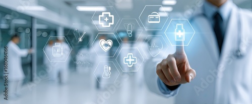 Medical professional interacting with digital healthcare interface in a hospital