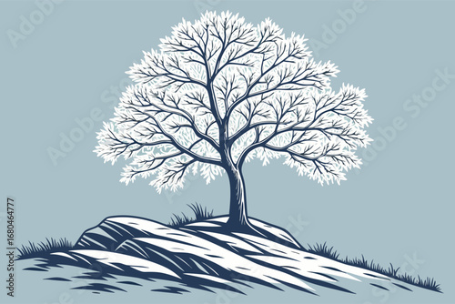 Solitary winter tree stands gracefully atop a snowy hill against a pastel background