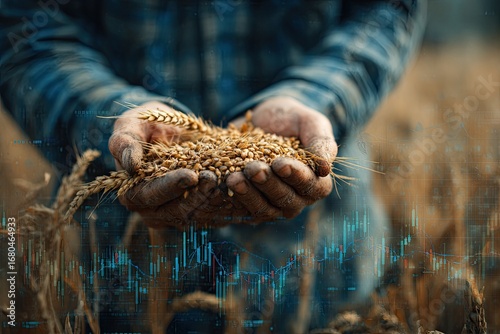 Farmer's hands holding harvested wheat, overlaid with stock market charts