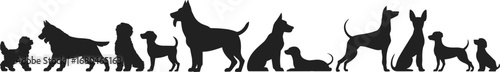 Lineup Silhouettes of Various Dog Breeds in Different Poses Including Standing, Sitting, and Lying Down for Pet Breed Comparison