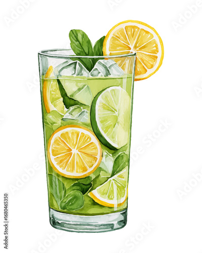 Watercolor Illustration of Citrus Mojito Cocktail with Lime, Lemon, Mint, and Ice in a Tall Glass, isolated with transparent background