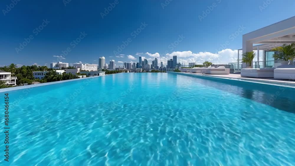 Rooftop swimming pool with clear blue water and a city skyline in the distance; white lounge seating on the right. Rooftop swimming pool with clear blue water and a city skyline in the distance; white lounge seating on the right.