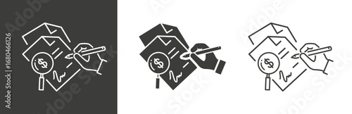 flat and linear set icons, document conformity defining, define correct text, business paper documents, contract or agreement, simple symbols on white and black background ,vector illustration