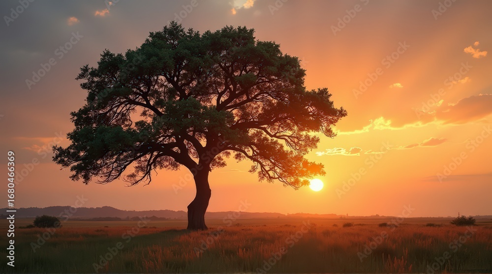 Fototapeta premium Lonely Large Tree Standing in Open Field During Sunset with Warm Colors and Dramatic Sky