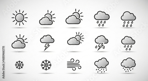 Weather forecast icons set sun cloud rain snow wind thunderstorm meteorology climate vector illustration