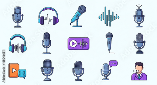 Podcast microphone audio recording studio equipment vector illustration set of professional broadcasting tools