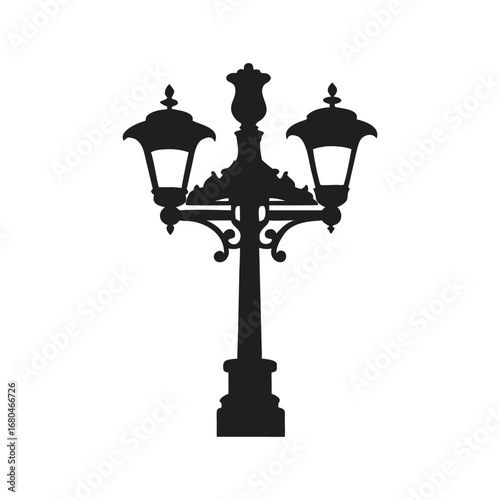 Black Silhouette of a Vintage Three- Light Street Lamp on White Background with Vector Design