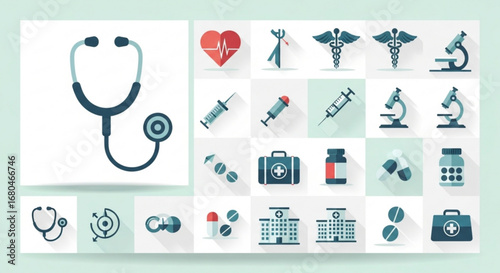Medical healthcare icons set vector illustration stethoscope heart syringe hospital medicine pharmacy first aid kit icos