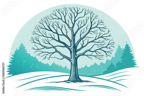 Silhouette of winter tree stands against snowy hills and conifer forest background