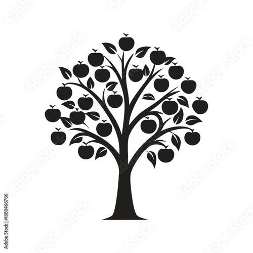 Black Silhouette of an Apple Tree Laden with Fruit on White apples nature with Vector Design
