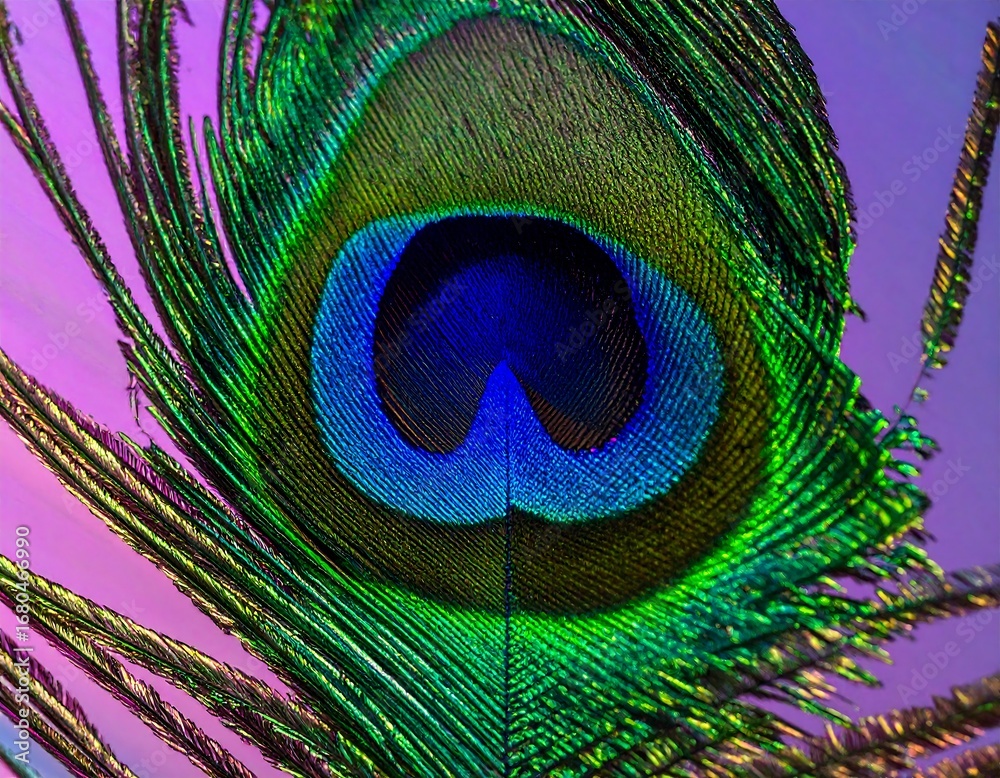Obraz premium A close-up view of a peacock feather, showcasing its vibrant and intricate patterns of blues, greens, and golds against a soft, muted pink backdrop.