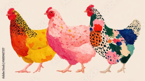 Colorful illustrated chickens in artistic paint textures, standing in a row on light background. Perfect for playful design, textile patterns, children’s products, posters, and modern farm themes.