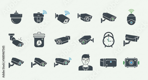 Security camera system surveillance cctv icon set for home and business safety and protection monitoring solutions