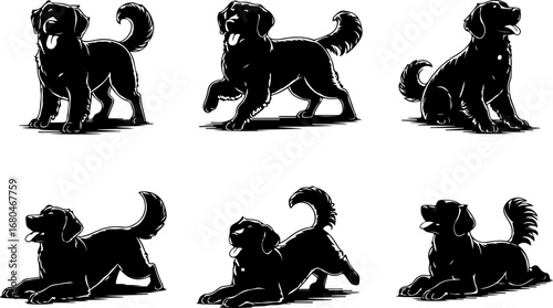 "Playful Dog Silhouettes and Paw Print Icons" Vector