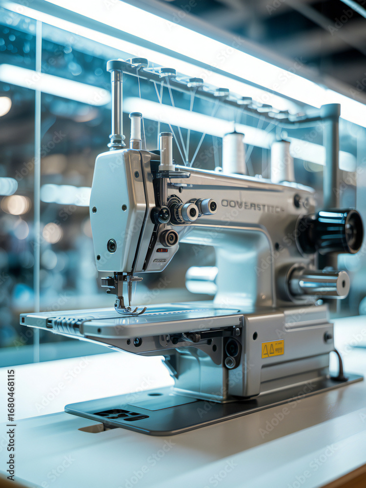 Fototapeta premium Industrial sewing machine in a brightly lit workshop ready for textile manufacturing and garment production