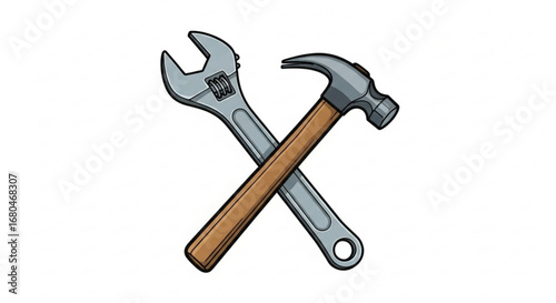 Hammer and wrench crossed tools for construction repair diy projects and home improvement icon vector design