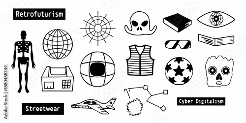 Collection of retrofuturistic and streetwear themed vector graphic elements in black and white style
