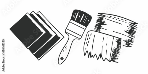 Illustration showing stacked papers, a paintbrush, and a sponge with visible texture and details