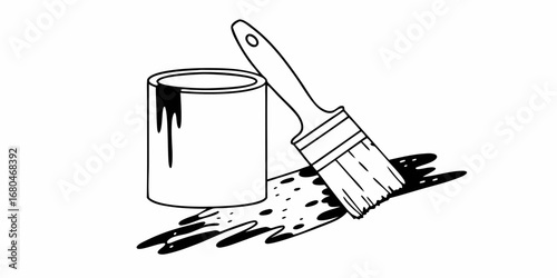 Illustration of a paint can with dripping paint and a paintbrush on a splattered surface in black and white