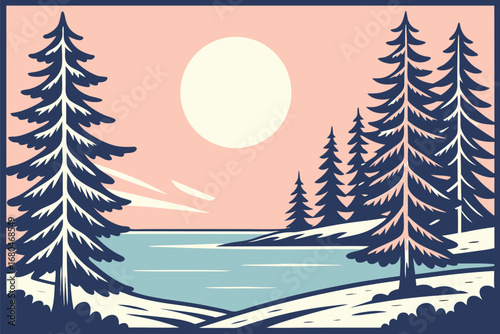 Serene woodland view features coniferous trees bordering light blue water under a pastel peach colored sky
