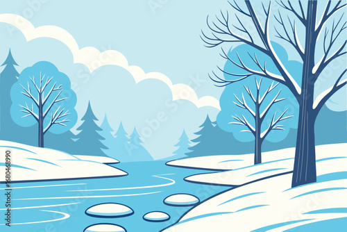 Calm winter depicts bare trees along icy river in monochrome blue shades