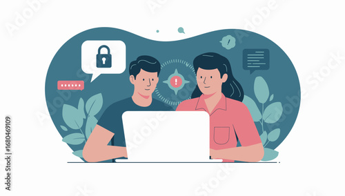 Two People Observing Laptop Screen with Security and Warning Symbols
