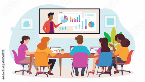 Diverse Team Attending Online Presentation with Charts and Graphs on Screen