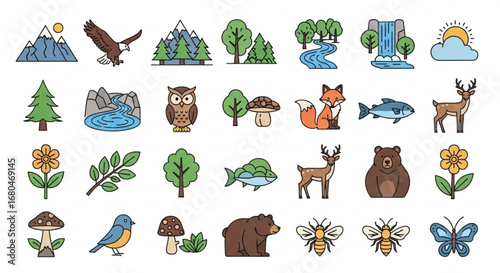 Nature wildlife forest animals mountains trees rivers flowers and insects vector illustration design set collection