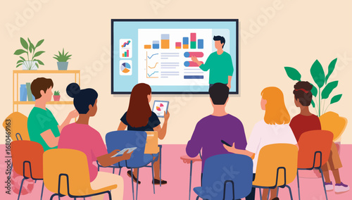 Diverse group attending a presentation with charts and graphs on a screen