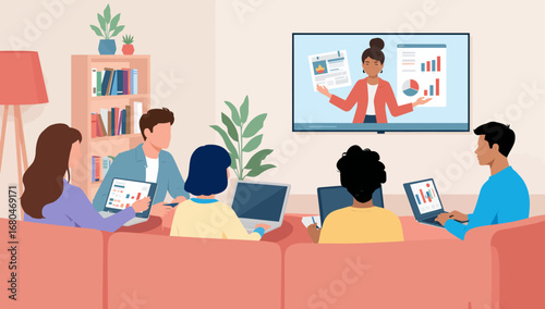 Remote Team Meeting with Presentation on TV Screen and Laptops