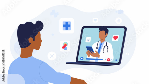 Telemedicine Consultation: Patient Engages with Doctor on Laptop Screen