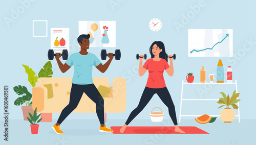 Diverse couple exercising at home with dumbbells in a bright living room
