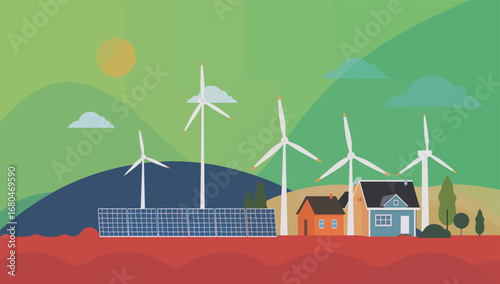 Eco-Friendly Landscape with Wind Turbines, Solar Panels, and Quaint Houses