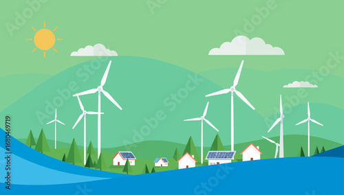 Wind Turbines and Solar Panels Powering a Sustainable Village Landscape