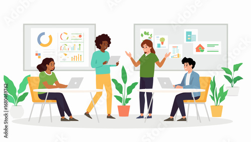 Diverse team collaborating in a modern office with data charts and plants