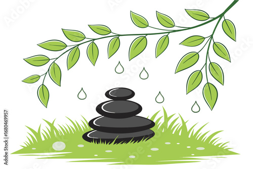 Stacked black stones rest peacefully in green grass beneath a leafy branch with water droplets