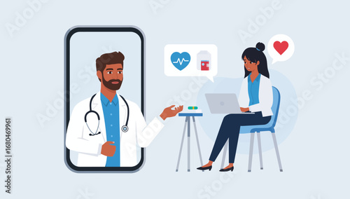Telemedicine consultation with doctor on phone and female patient with laptop