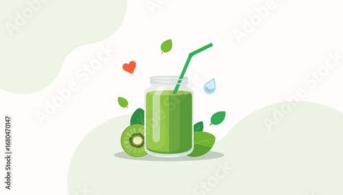 Refreshing green smoothie in a mason jar with kiwi and spinach leaves