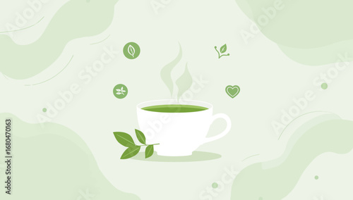 Steaming matcha tea in a white cup with leaves and organic icons