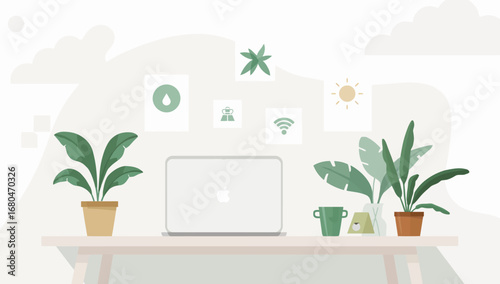 Minimalist Workspace with Laptop, Plants, and Decorative Icons.