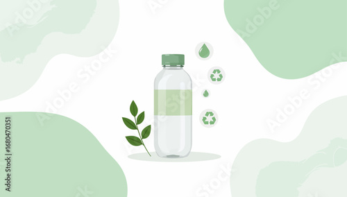 Clear plastic bottle with green cap and label, leaf and recycle symbols