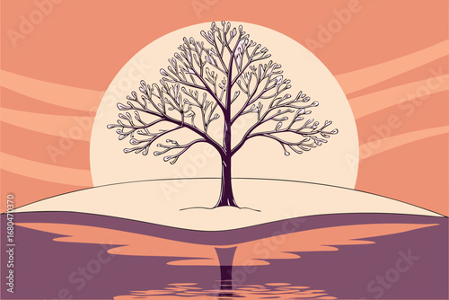 Solitary dark tree stands serenely as its reflection shimmers on the water's surface