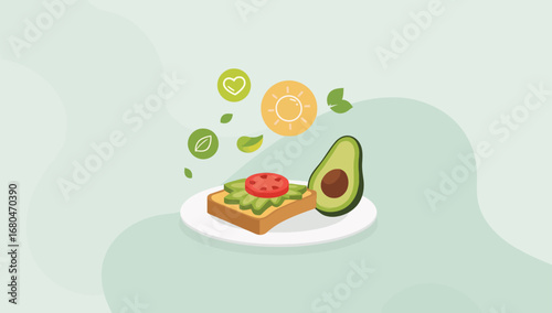 Wholesome Avocado Toast with Fresh Tomato and Healthy Icons